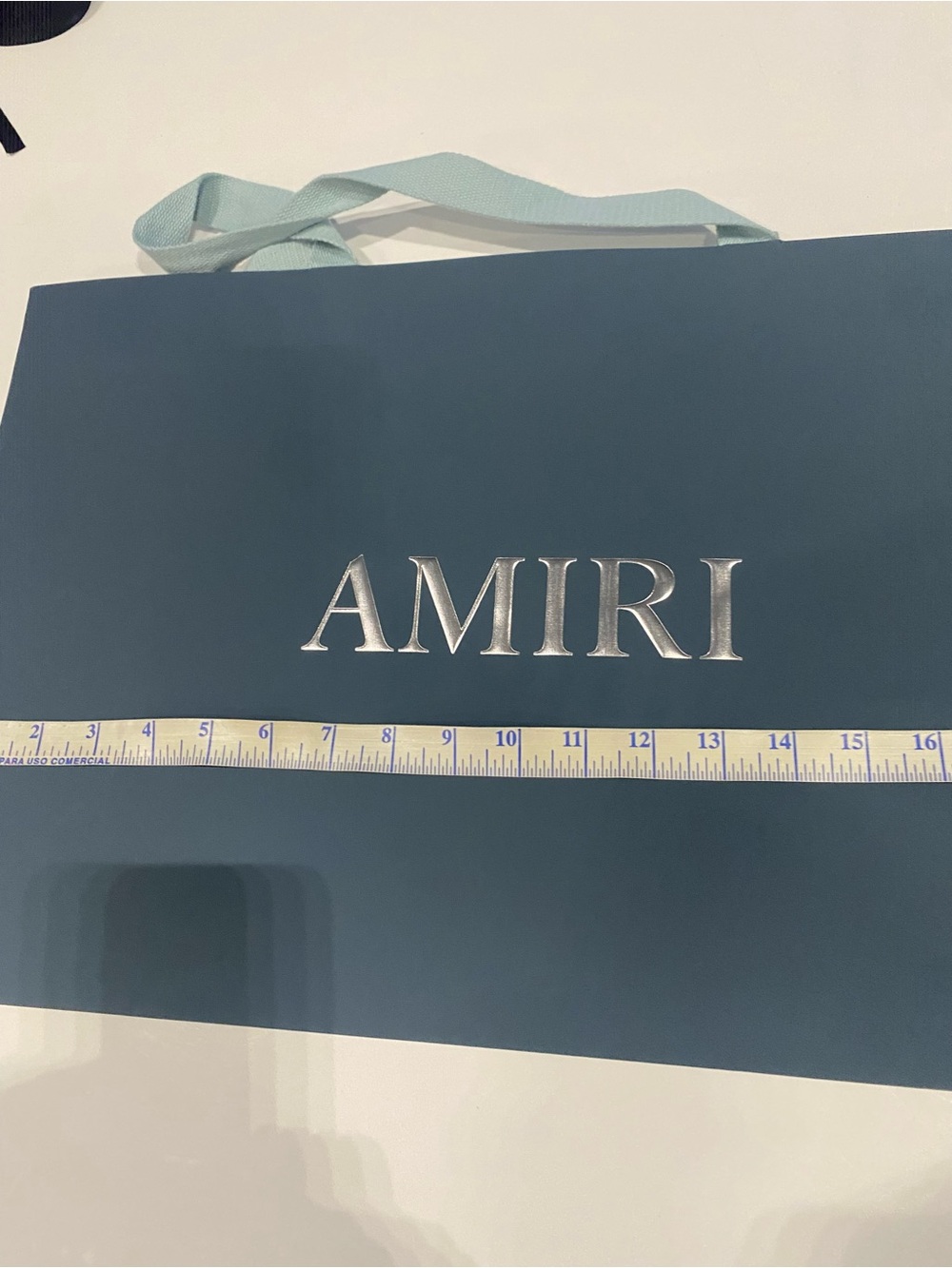 AMIRI Teal Gift Bag with Silver Logo and Light-Blue Handles
